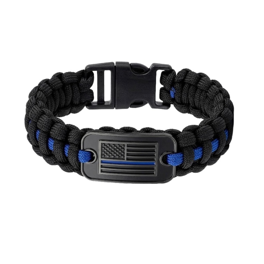 Thin Blue Line Paracord Survival Bracelet Police Law Enforcement Black Blue